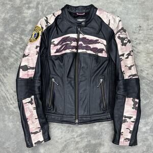 Harley Davidson Womens XS Pink Camo Black Leather Moto 2 In 1 Jacket Hoodie Zip